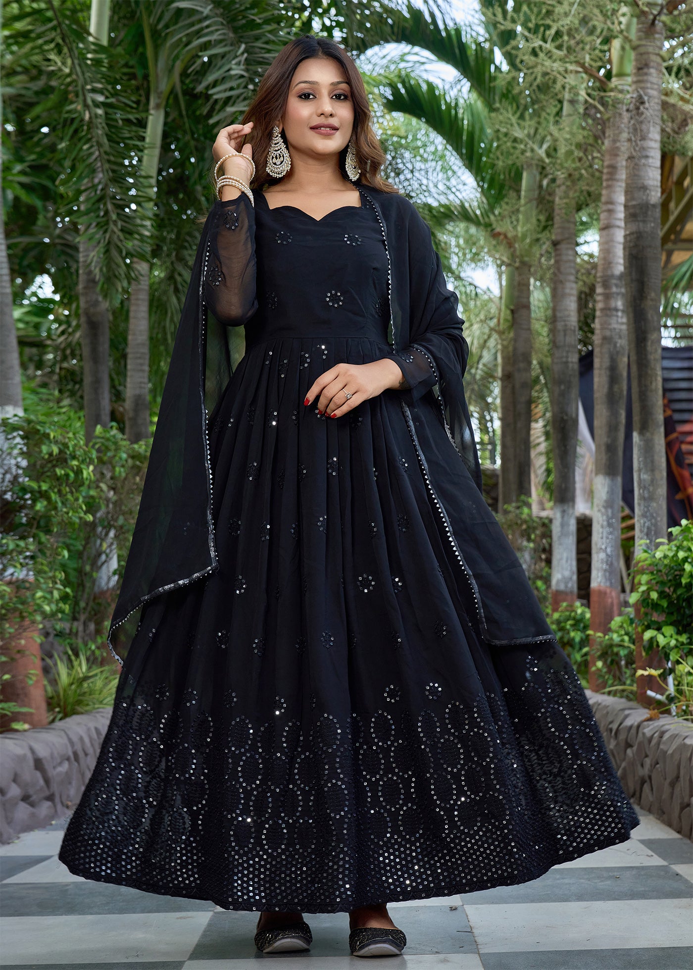Black Embroidered Georgette Stitched Anarkali Gown
