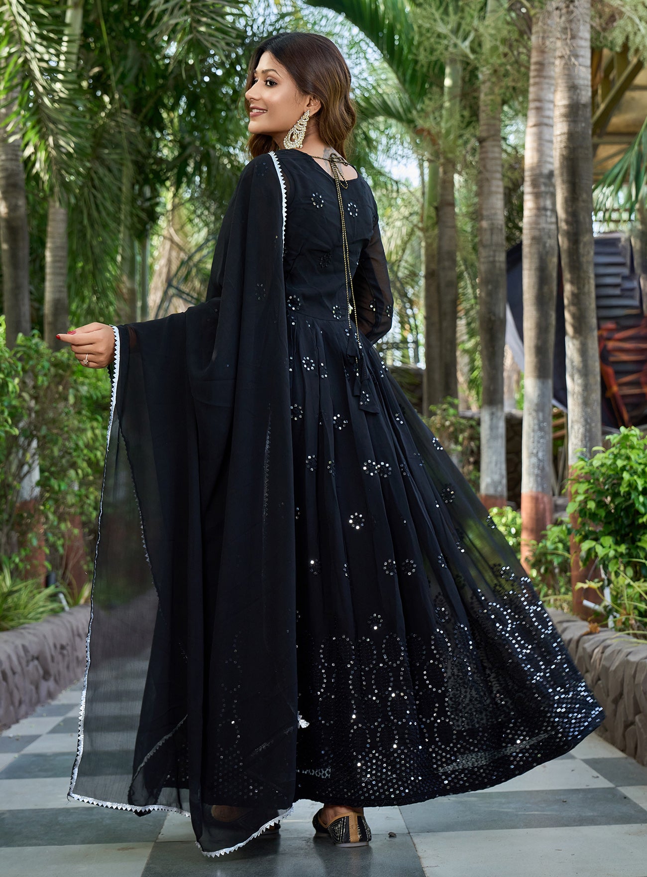 Black Embroidered Georgette Stitched Anarkali Gown