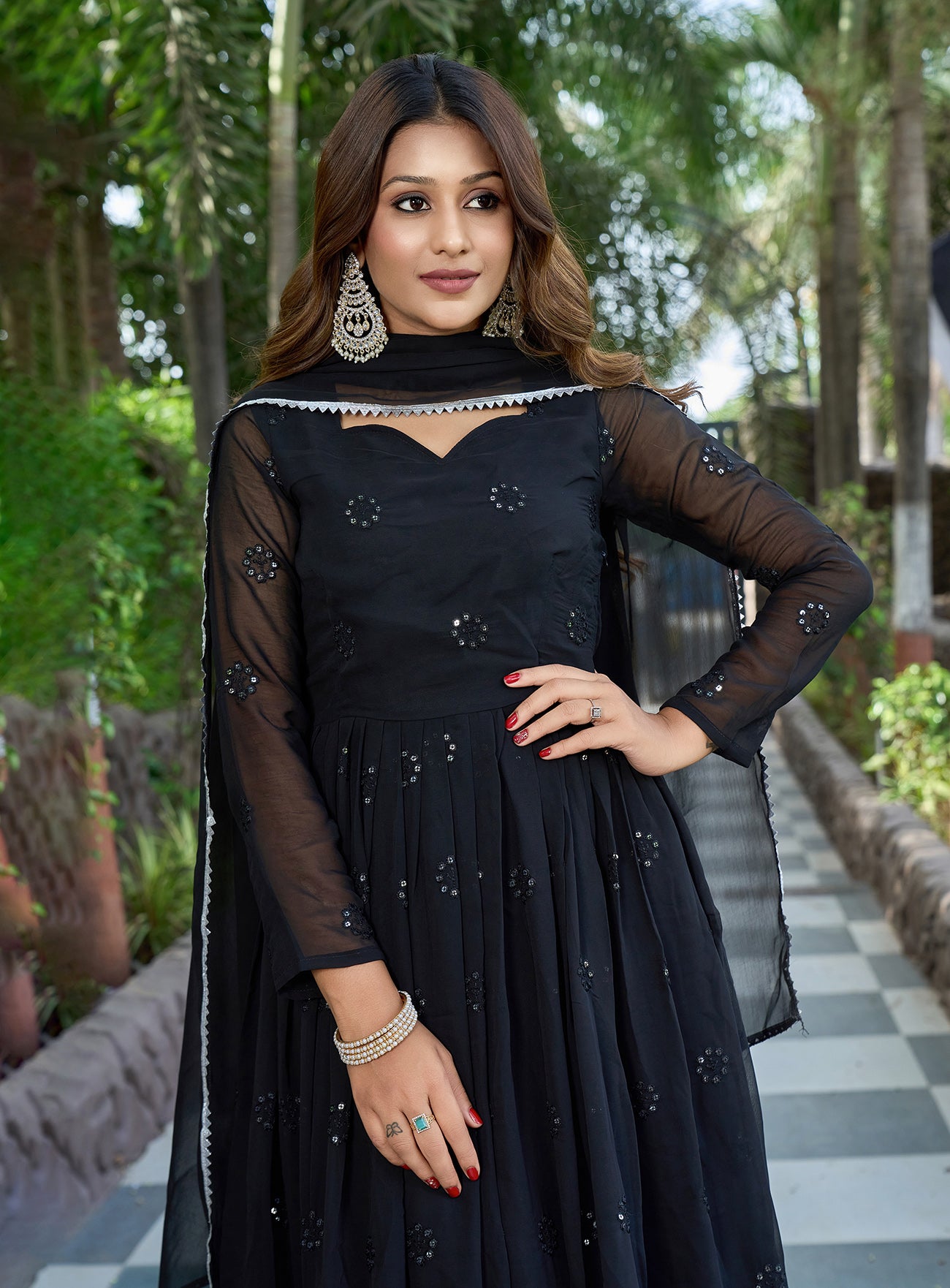 Black Embroidered Georgette Stitched Anarkali Gown