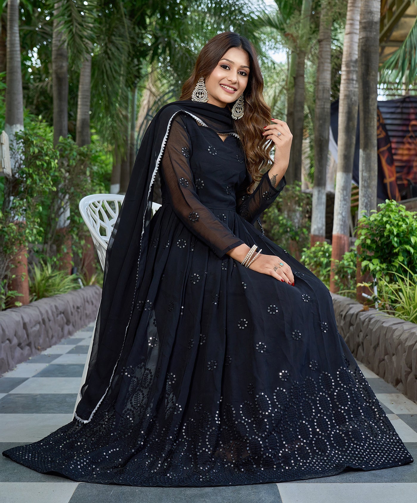 Black Embroidered Georgette Stitched Anarkali Gown