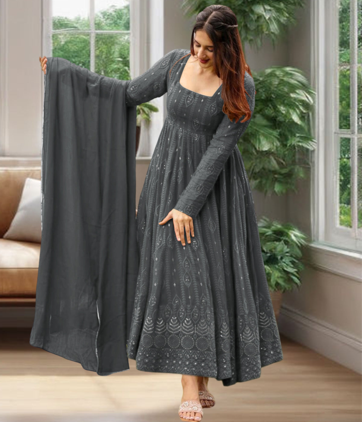 Embroidered Georgette Stitched Anarkali Gown With Dupatta