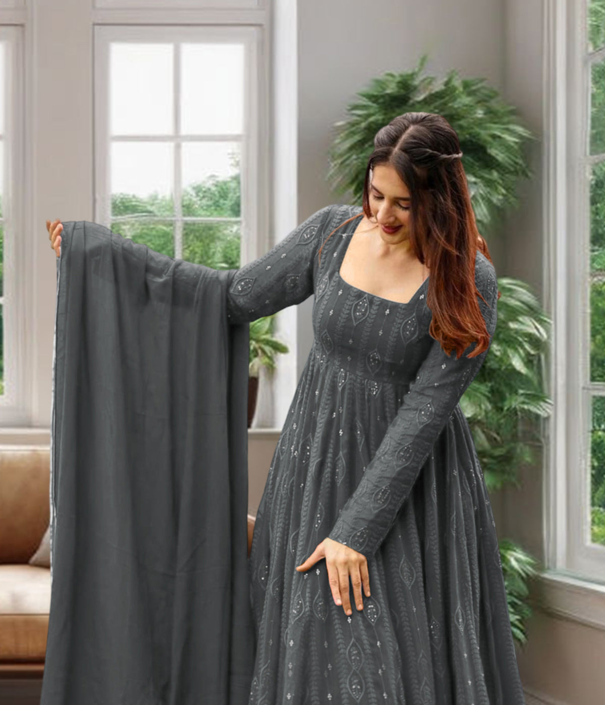 Embroidered Georgette Stitched Anarkali Gown With Dupatta