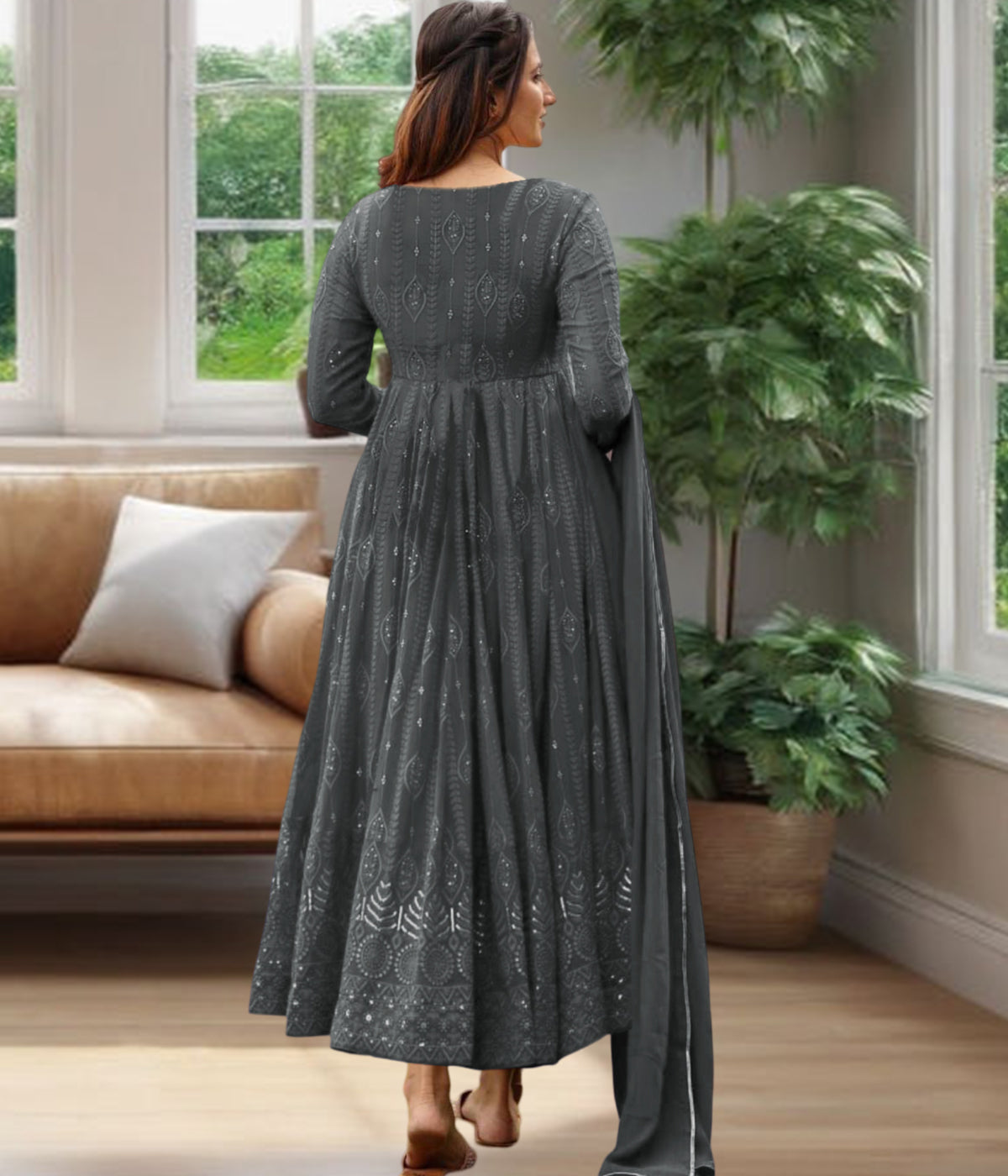 Embroidered Georgette Stitched Anarkali Gown With Dupatta