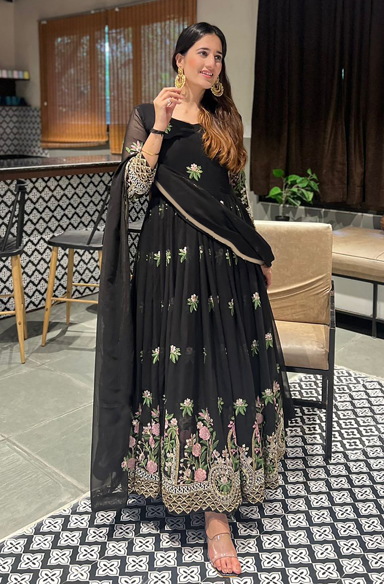 Embroidered Georgette Stitched Anarkali Gown With Dupatta